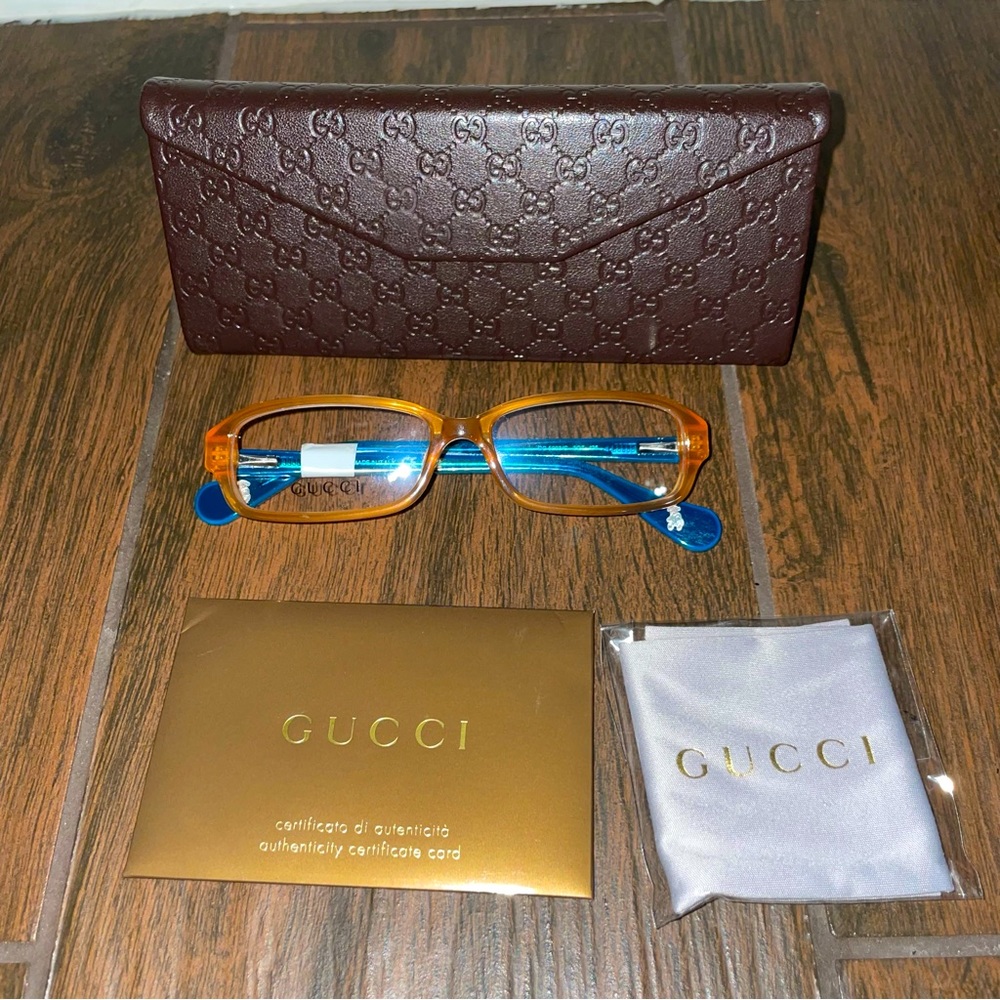 NWOT GUCCI Non Prescription Orange and Blue Glasses with Leather Monograโฆ